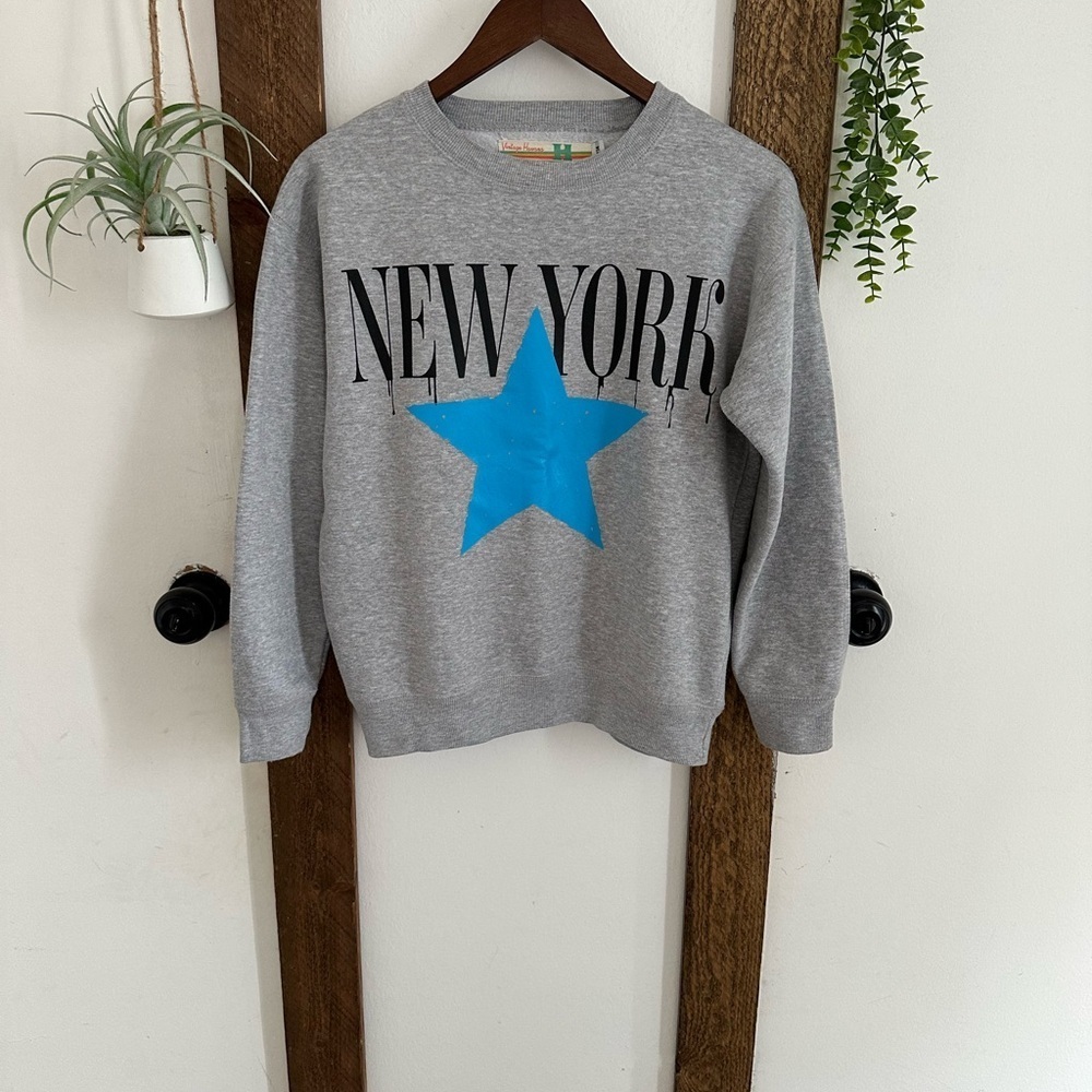 Vintage Havana Girls Crew Neck New York Sweater Gray Blue Star Size Large